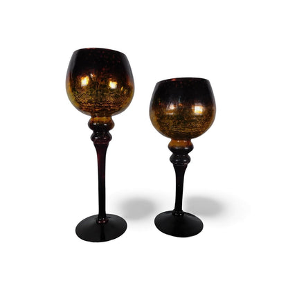 Pair Mercury Glass Goblet Candle Holders Gold Amber Red Pedestal Home Decor