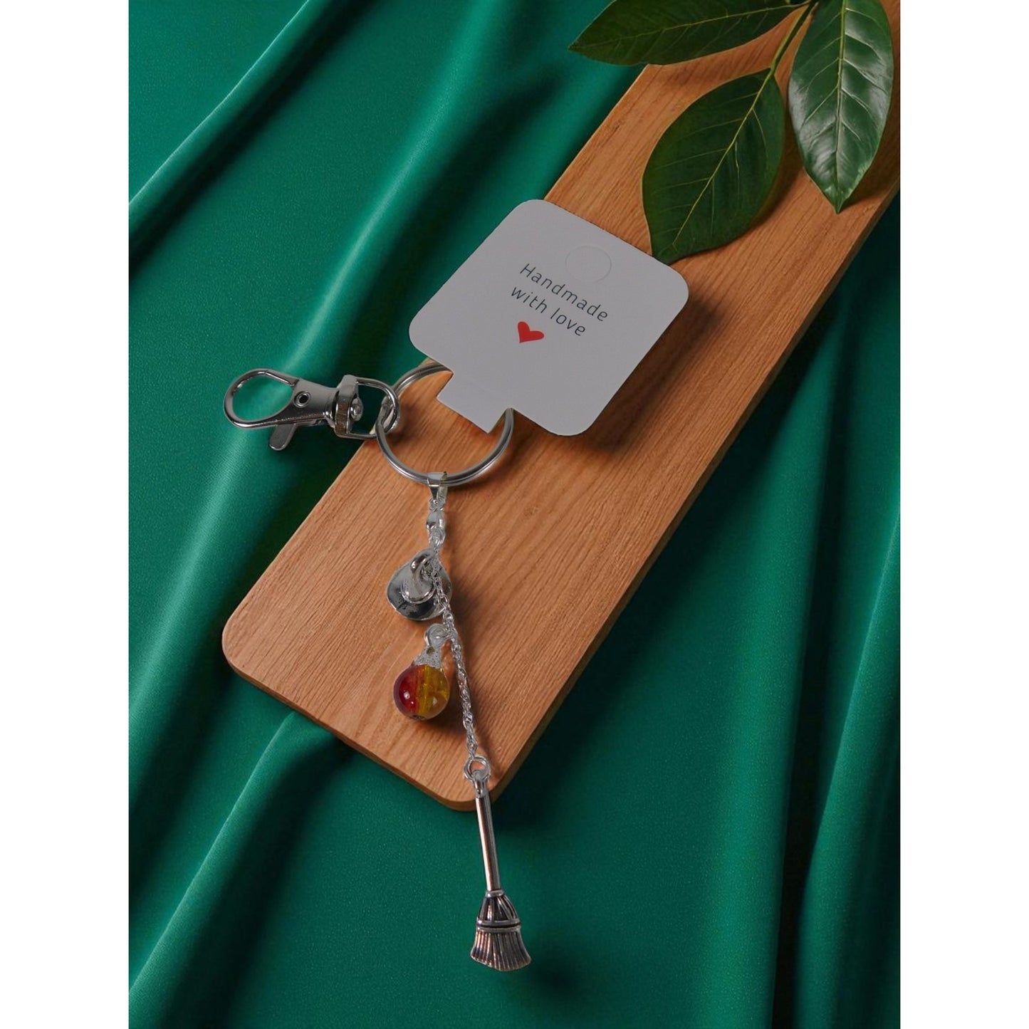 Handmade Witch Hat Broom Keychain Yellow Red Glass Bead Halloween Gift Charm