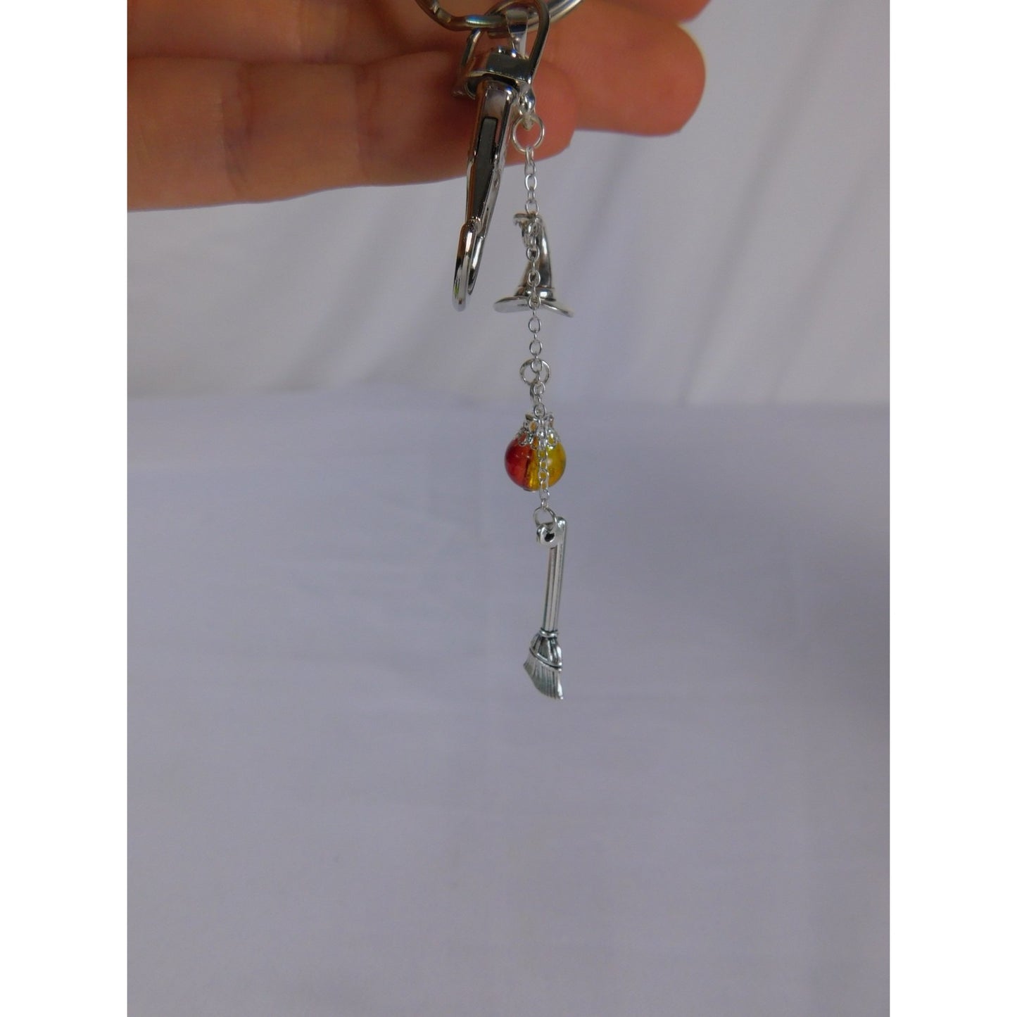 Handmade Witch Hat Broom Keychain Yellow Red Glass Bead Halloween Gift Charm