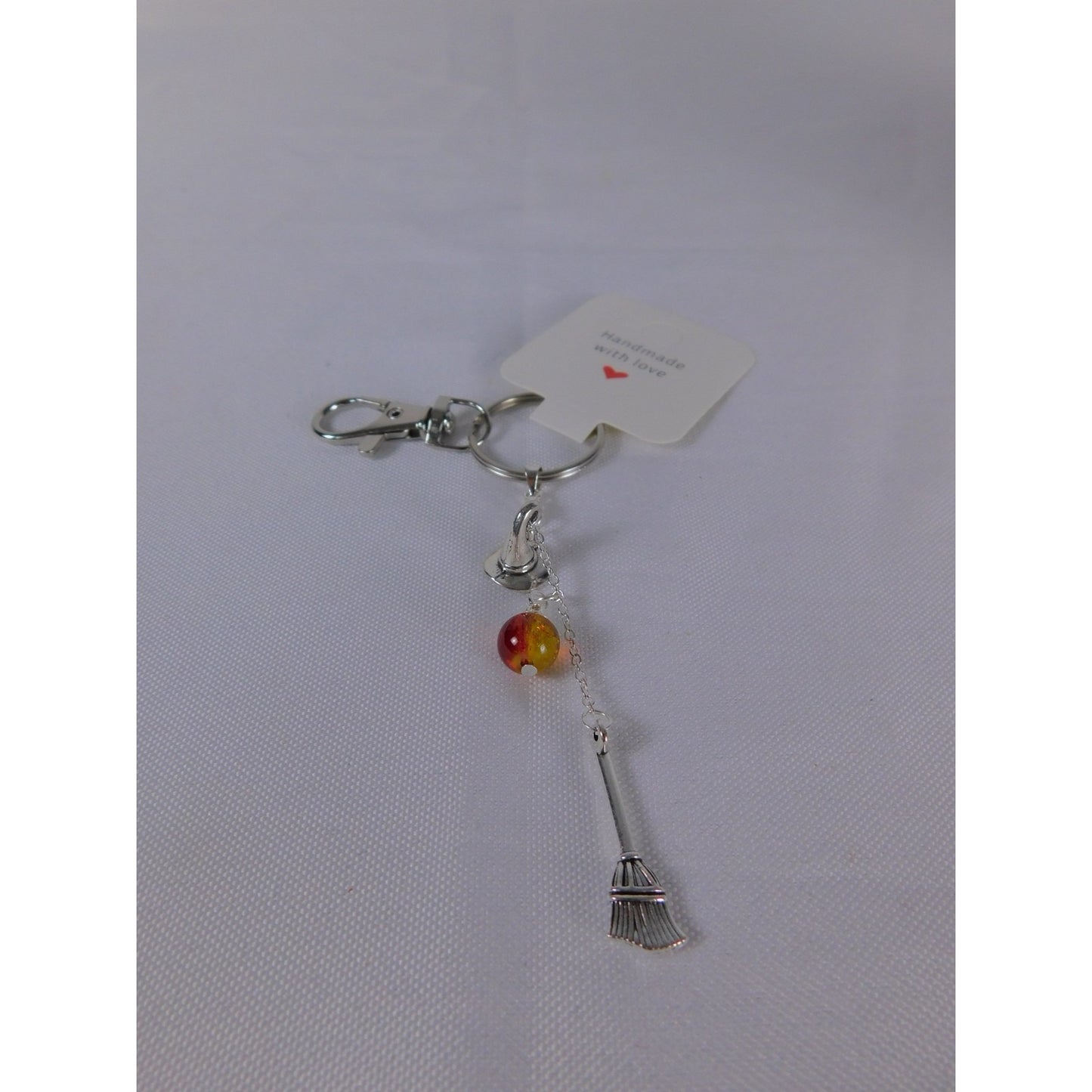 Handmade Witch Hat Broom Keychain Yellow Red Glass Bead Halloween Gift Charm