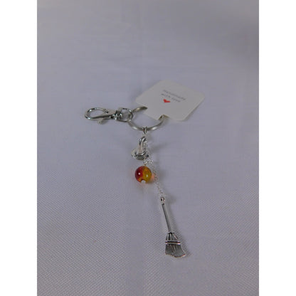 Handmade Witch Hat Broom Keychain Yellow Red Glass Bead Halloween Gift Charm