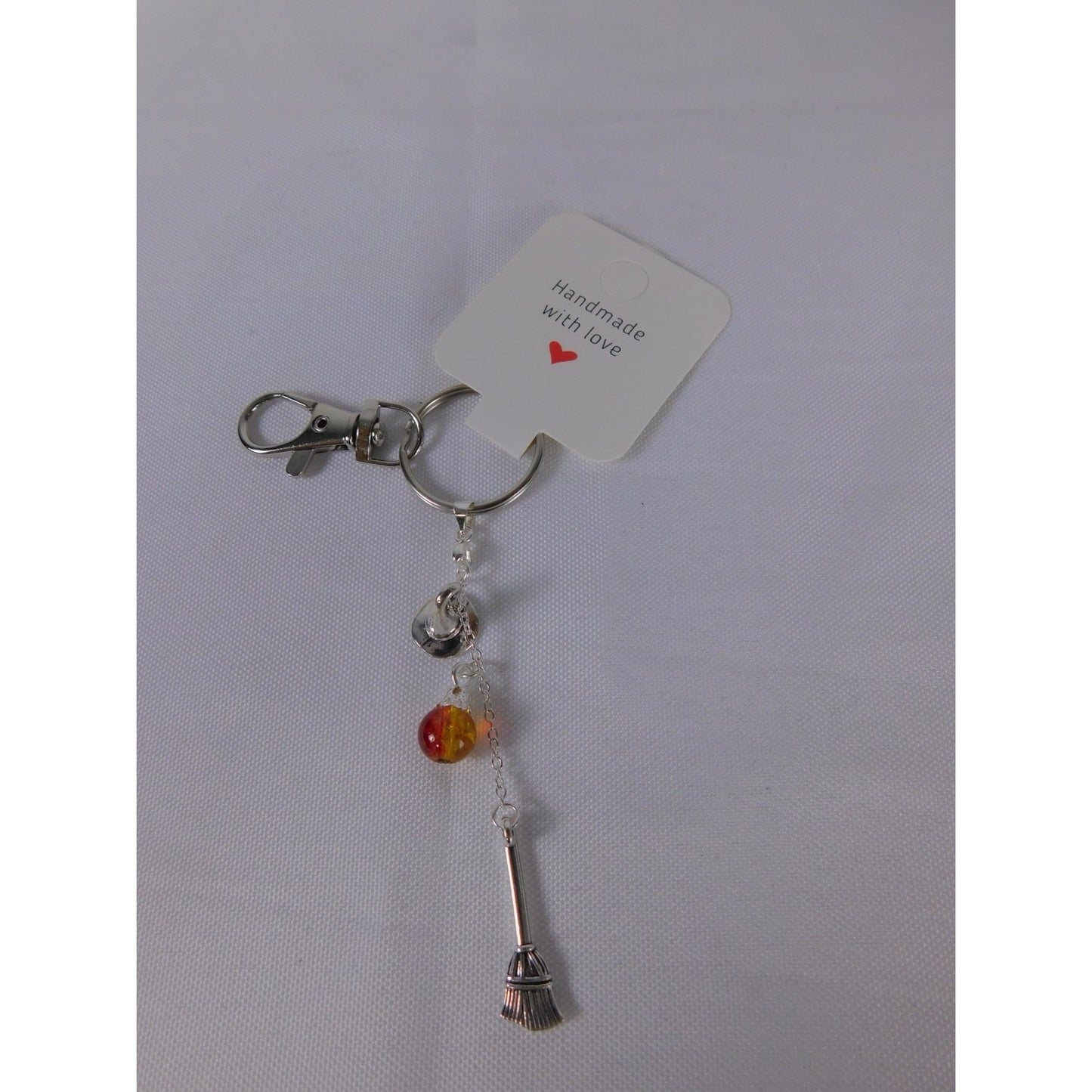 Handmade Witch Hat Broom Keychain Yellow Red Glass Bead Halloween Gift Charm