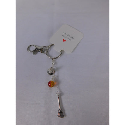 Handmade Witch Hat Broom Keychain Yellow Red Glass Bead Halloween Gift Charm