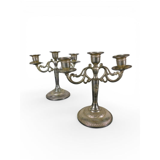 Pair Vintage Silverplate 3-Arm Candelabras Ornate Base