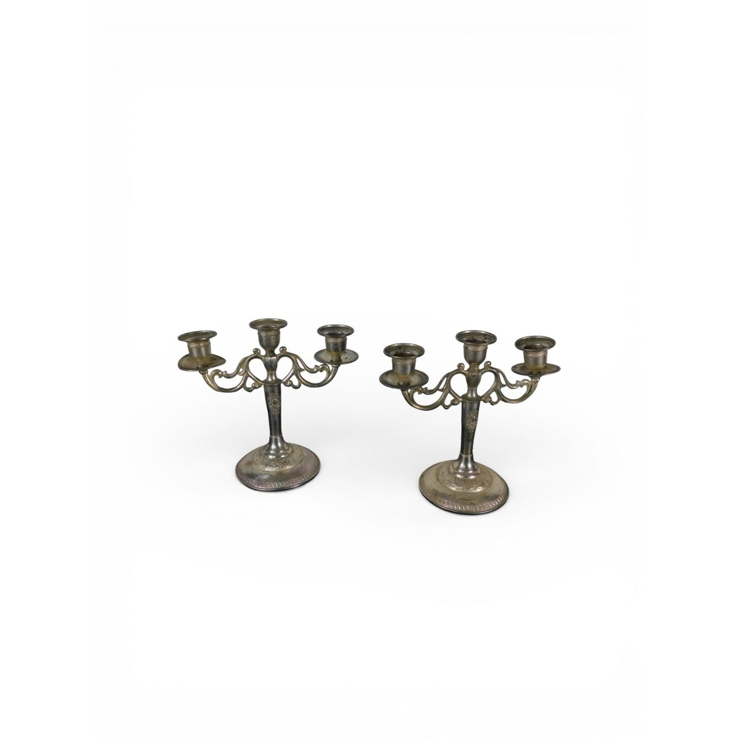 Pair Vintage Silverplate 3-Arm Candelabras Ornate Base