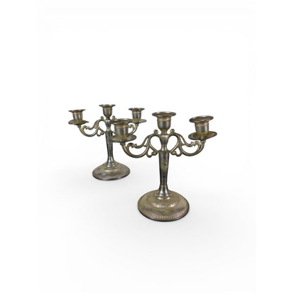 Pair Vintage Silverplate 3-Arm Candelabras Ornate Base
