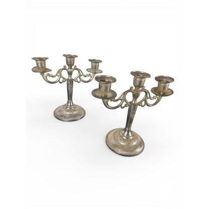 Pair Vintage Silverplate 3-Arm Candelabras Ornate Base