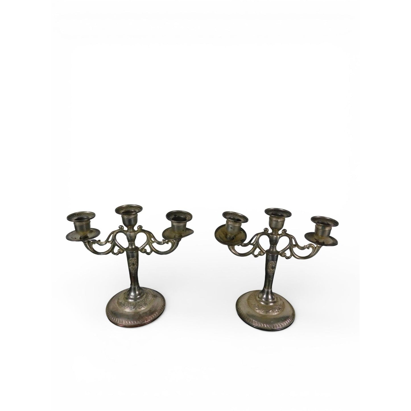 Pair Vintage Silverplate 3-Arm Candelabras Ornate Base