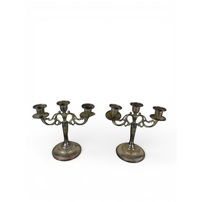 Pair Vintage Silverplate 3-Arm Candelabras Ornate Base