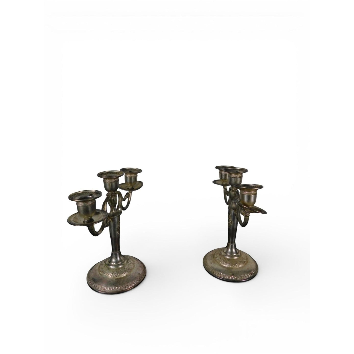 Pair Vintage Silverplate 3-Arm Candelabras Ornate Base
