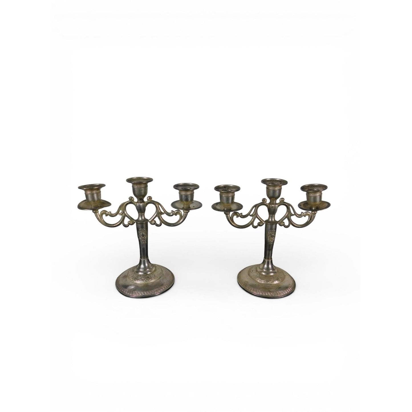 Pair Vintage Silverplate 3-Arm Candelabras Ornate Base
