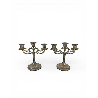 Pair Vintage Silverplate 3-Arm Candelabras Ornate Base