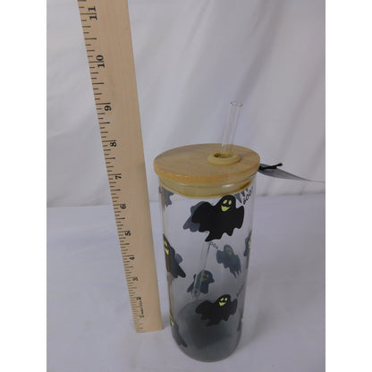 Studio TU Glass Tumbler 20oz Ghost Halloween Reusable Straw Bamboo Lid Cup Drink
