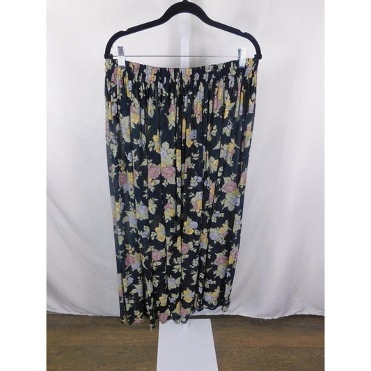 Vintage Carole Little Black Floral Pleated Maxi Skirt Elastic Waist Boho Witch L
