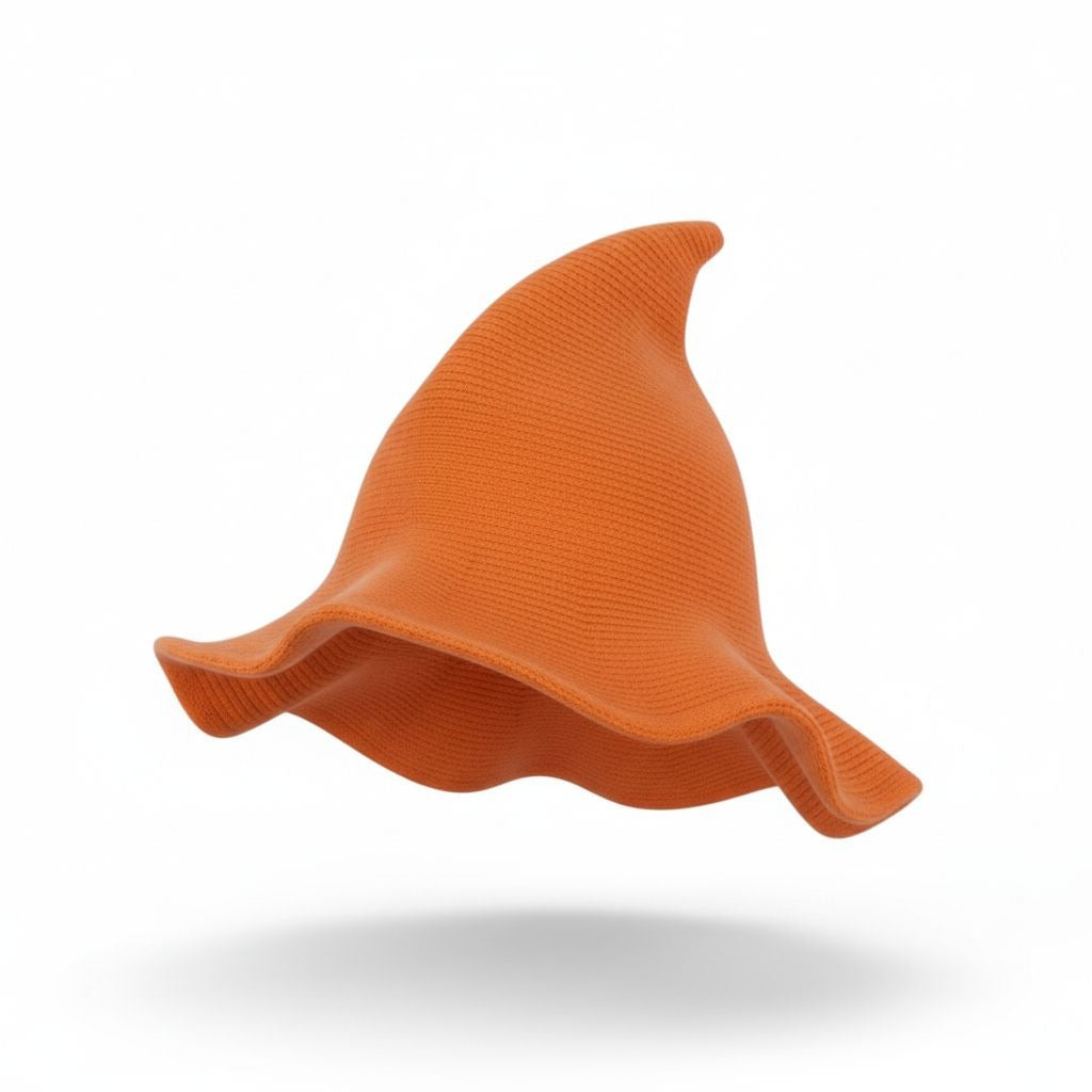 Orange Knit Pointy Witch Hat Soft Textured Wide Brim Accessory