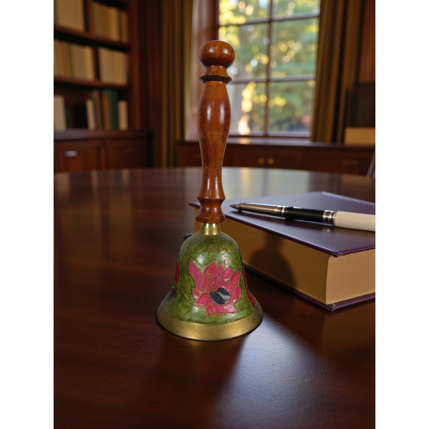 Jerusalem Brass Hand Bell 7" Floral Enamel Wood Souvenir