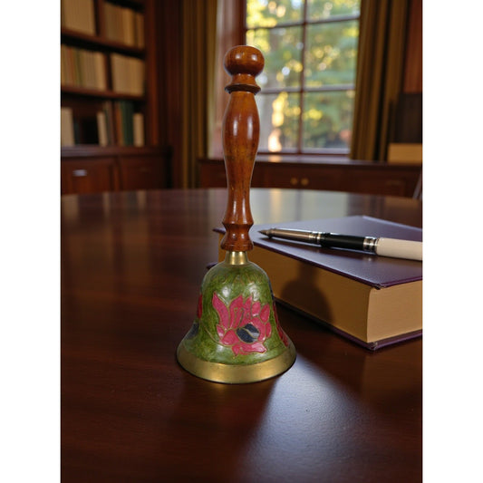 Jerusalem Brass Hand Bell 7" Floral Enamel Wood Souvenir