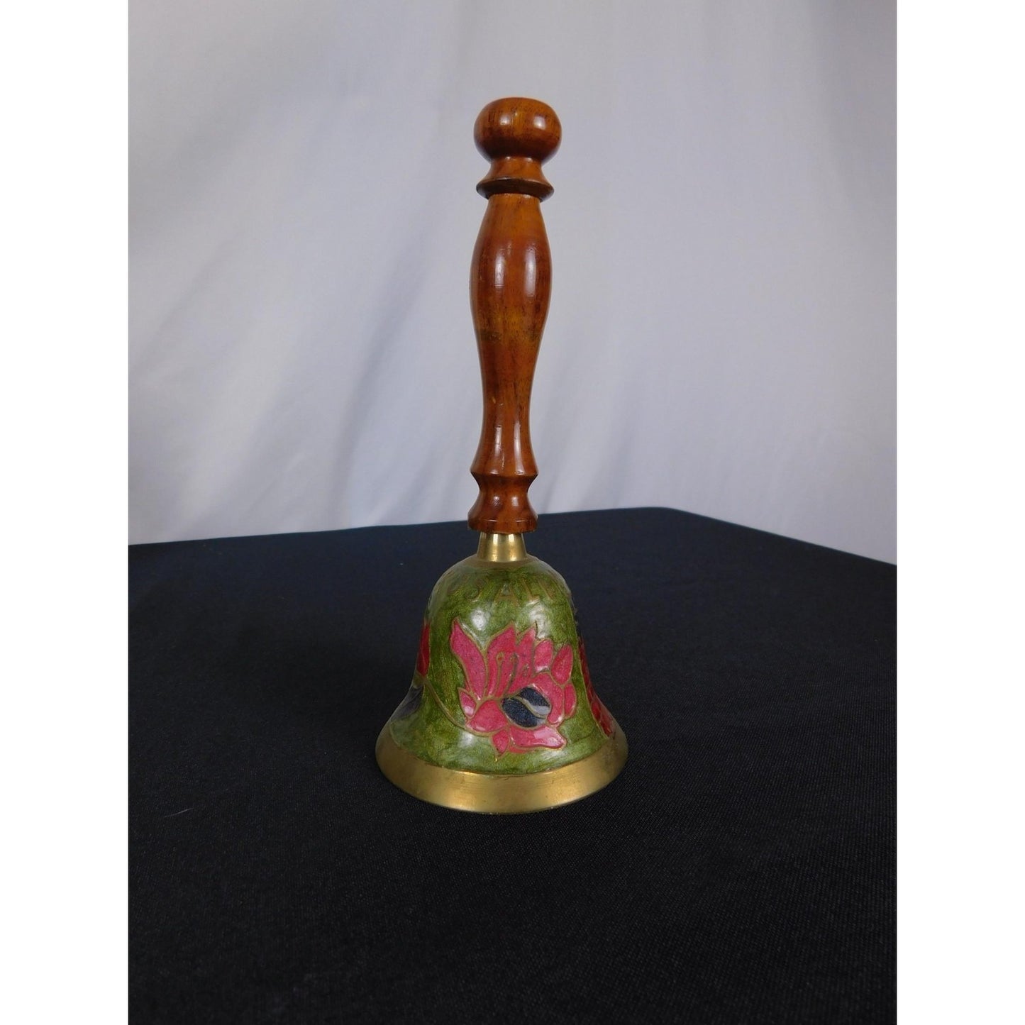 Jerusalem Brass Hand Bell 7" Floral Enamel Wood Souvenir