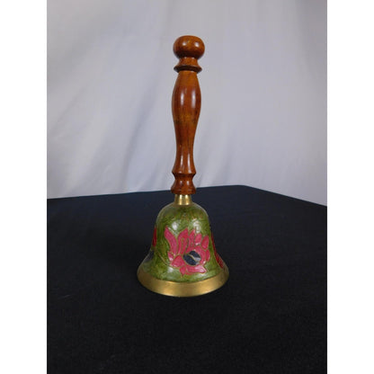 Jerusalem Brass Hand Bell 7" Floral Enamel Wood Souvenir
