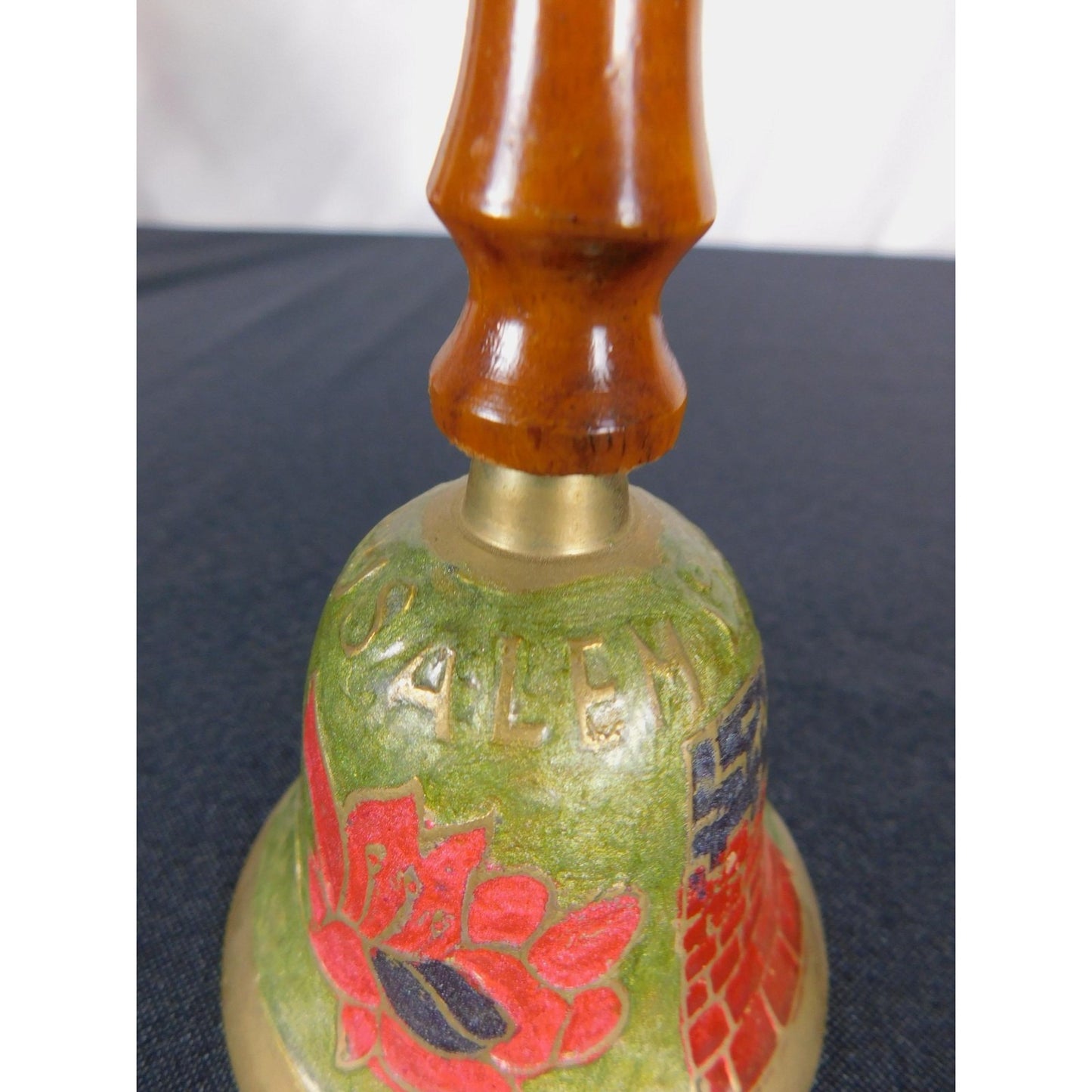 Jerusalem Brass Hand Bell 7" Floral Enamel Wood Souvenir