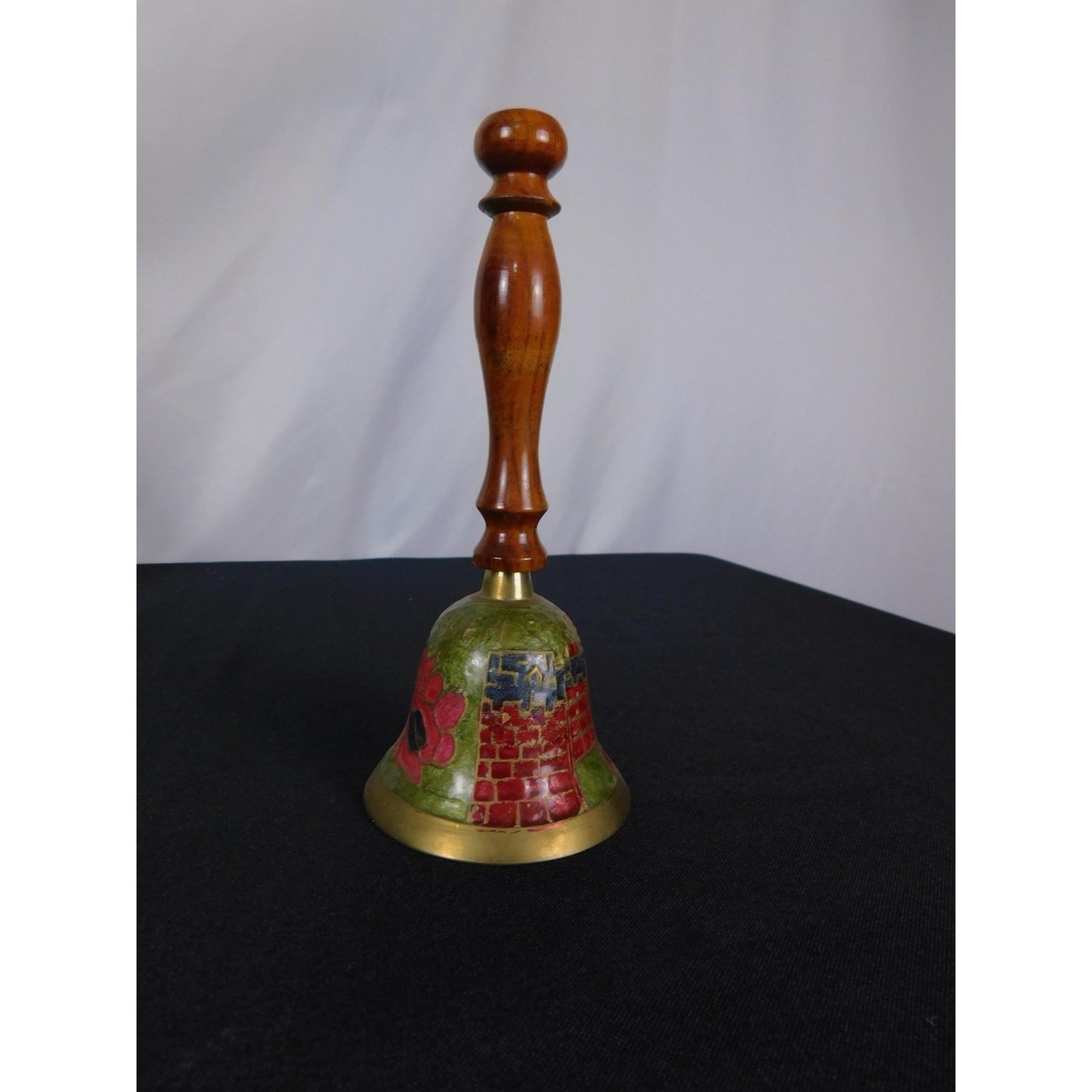 Jerusalem Brass Hand Bell 7" Floral Enamel Wood Souvenir