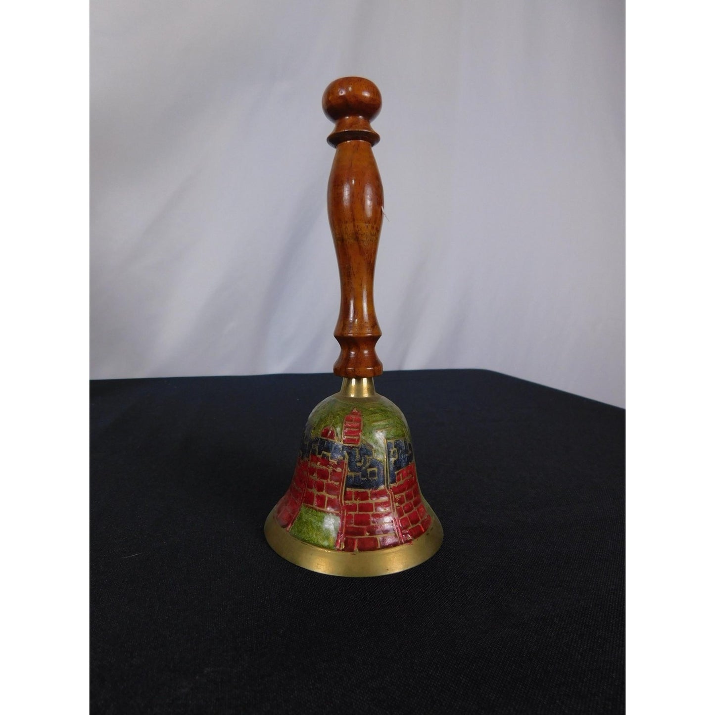 Jerusalem Brass Hand Bell 7" Floral Enamel Wood Souvenir
