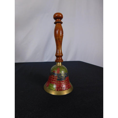 Jerusalem Brass Hand Bell 7" Floral Enamel Wood Souvenir