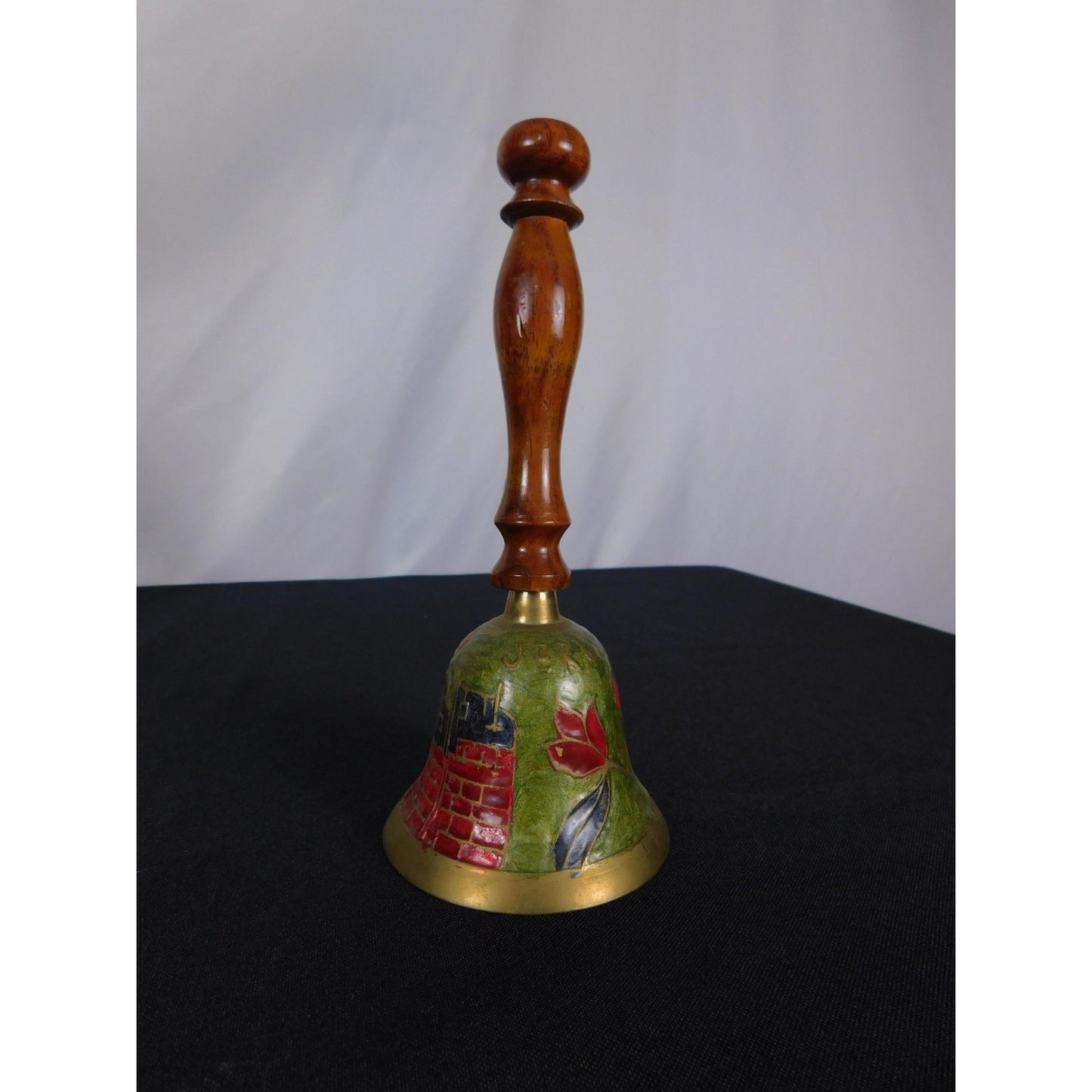 Jerusalem Brass Hand Bell 7" Floral Enamel Wood Souvenir