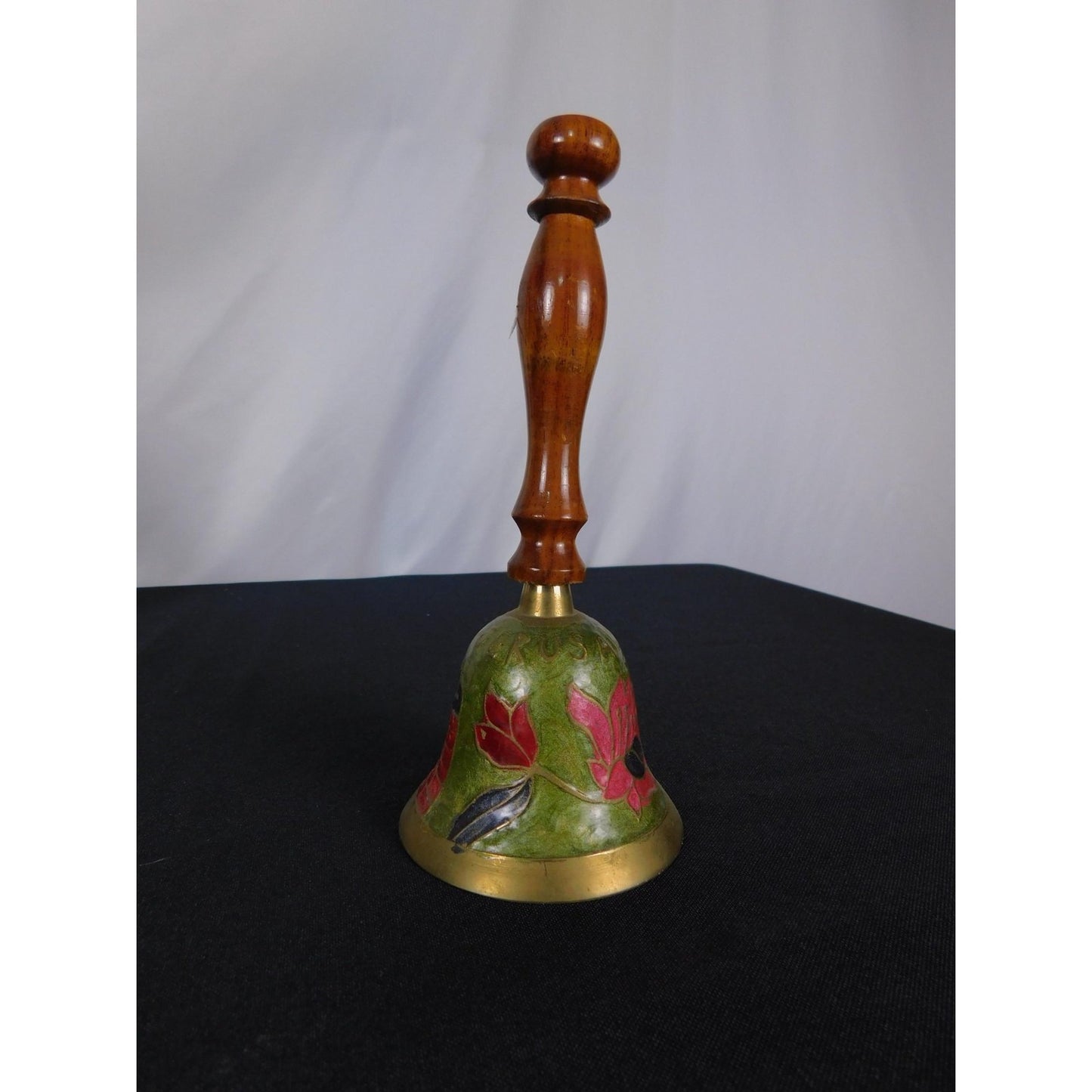 Jerusalem Brass Hand Bell 7" Floral Enamel Wood Souvenir
