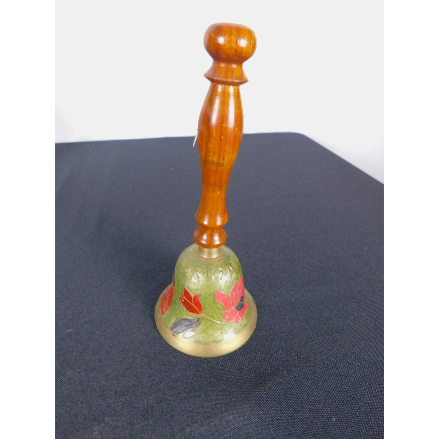Jerusalem Brass Hand Bell 7" Floral Enamel Wood Souvenir
