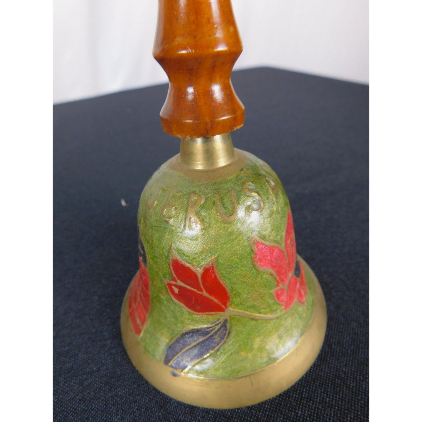 Jerusalem Brass Hand Bell 7" Floral Enamel Wood Souvenir