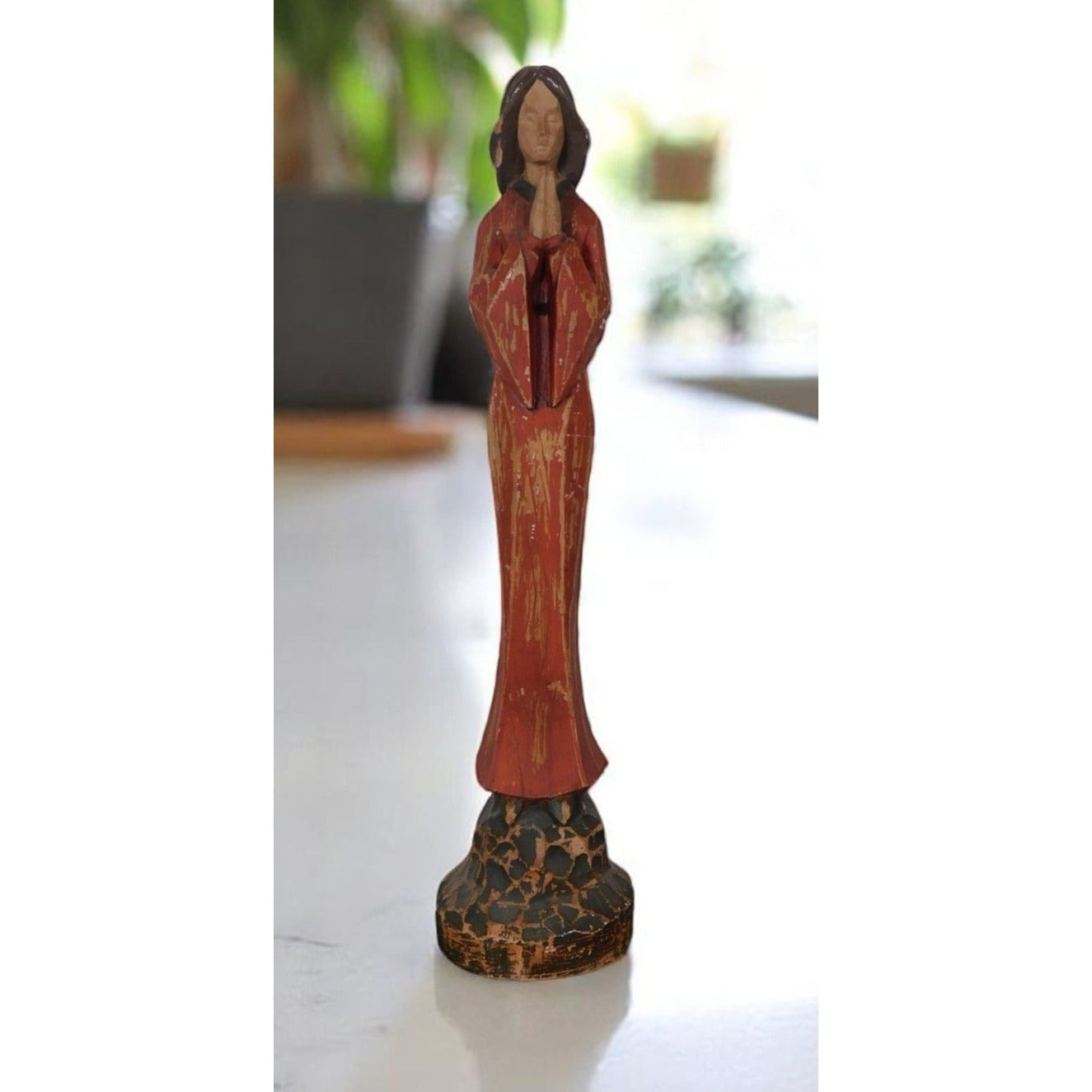 Vtg Hand Carved Wood Praying Madonna Statue 15 Inch Religious Folk Art
