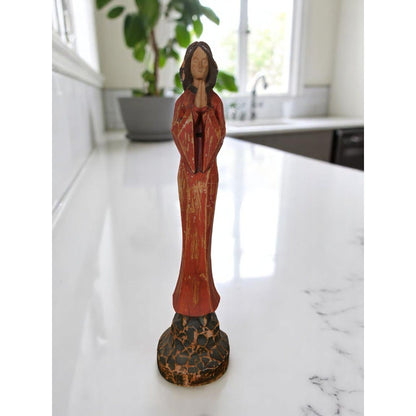 Vtg Hand Carved Wood Praying Madonna Statue 15 Inch Religious Folk Art