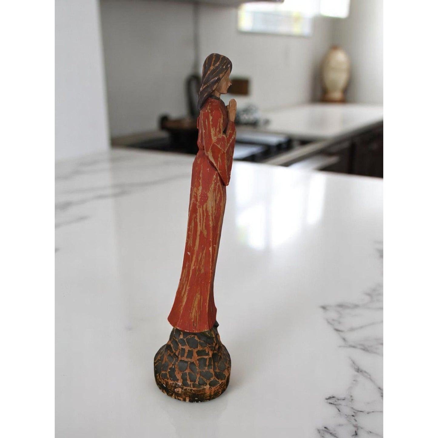 Vtg Hand Carved Wood Praying Madonna Statue 15 Inch Religious Folk Art