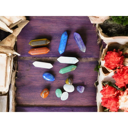Set of Chakra Hexagonal Column Energy Quartz Crystal Mineral Gem Reiki 14PCS 2.5x3.5