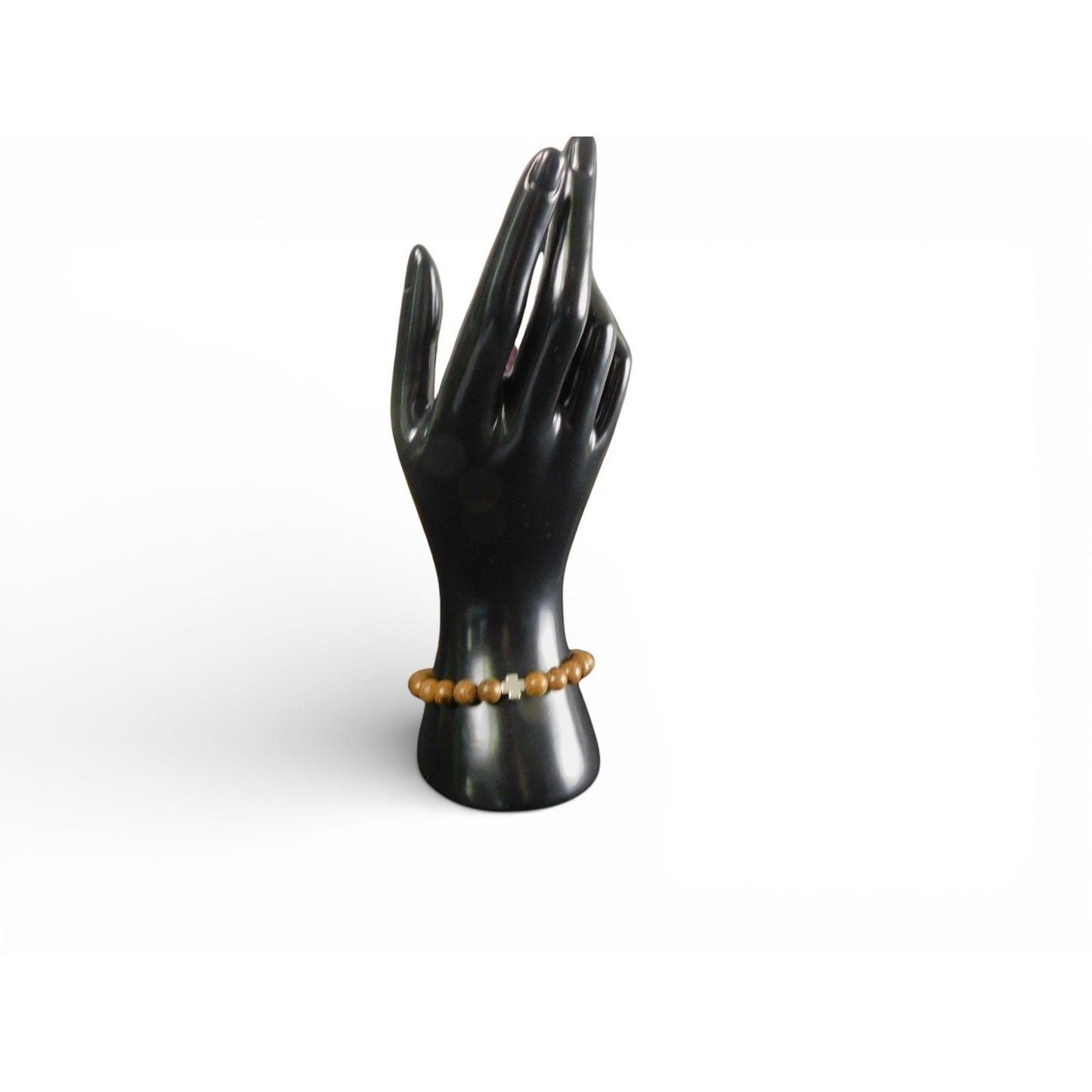 Wooden Cross Beaded Stretch Bracelet 8mm Unisex Religious Jewelry