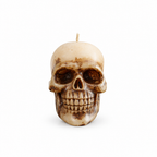 The Witches' Quest skull shaped wax candle shown from the front on a clean white background, with aged brown detailing around the eye sockets and teeth.