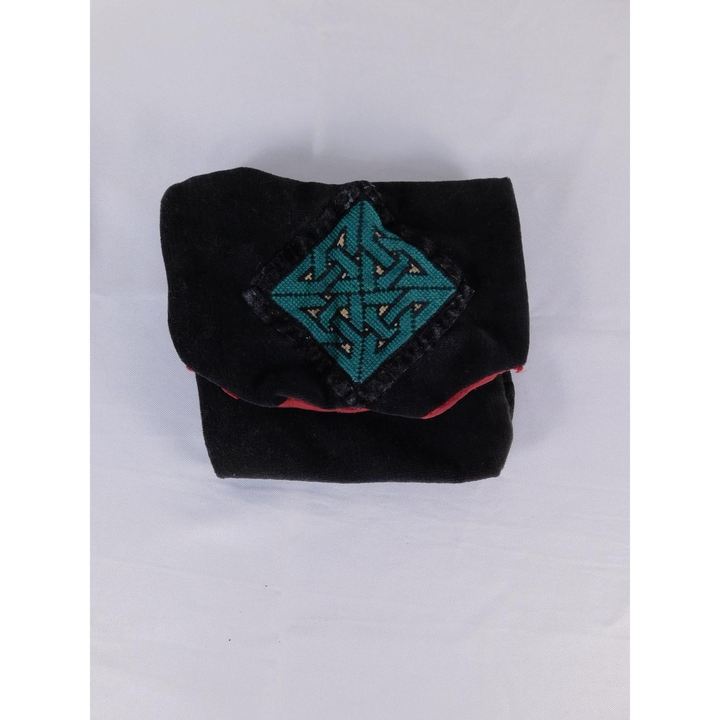 Handmade Black Velvet Pouch Bag Red Lining Celtic Knot Patch Vtg