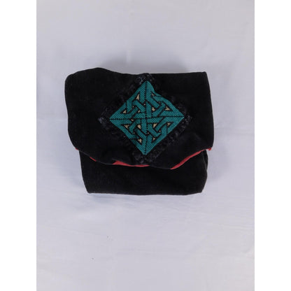 Handmade Black Velvet Pouch Bag Red Lining Celtic Knot Patch Vtg