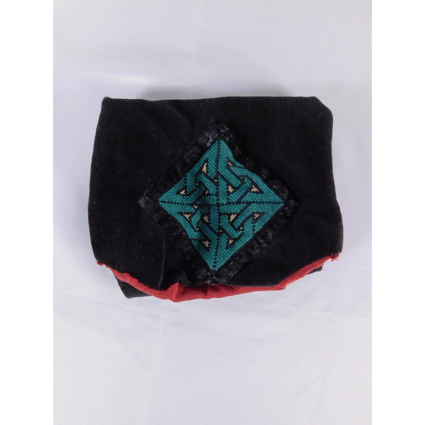 Handmade Black Velvet Pouch Bag Red Lining Celtic Knot Patch Vtg