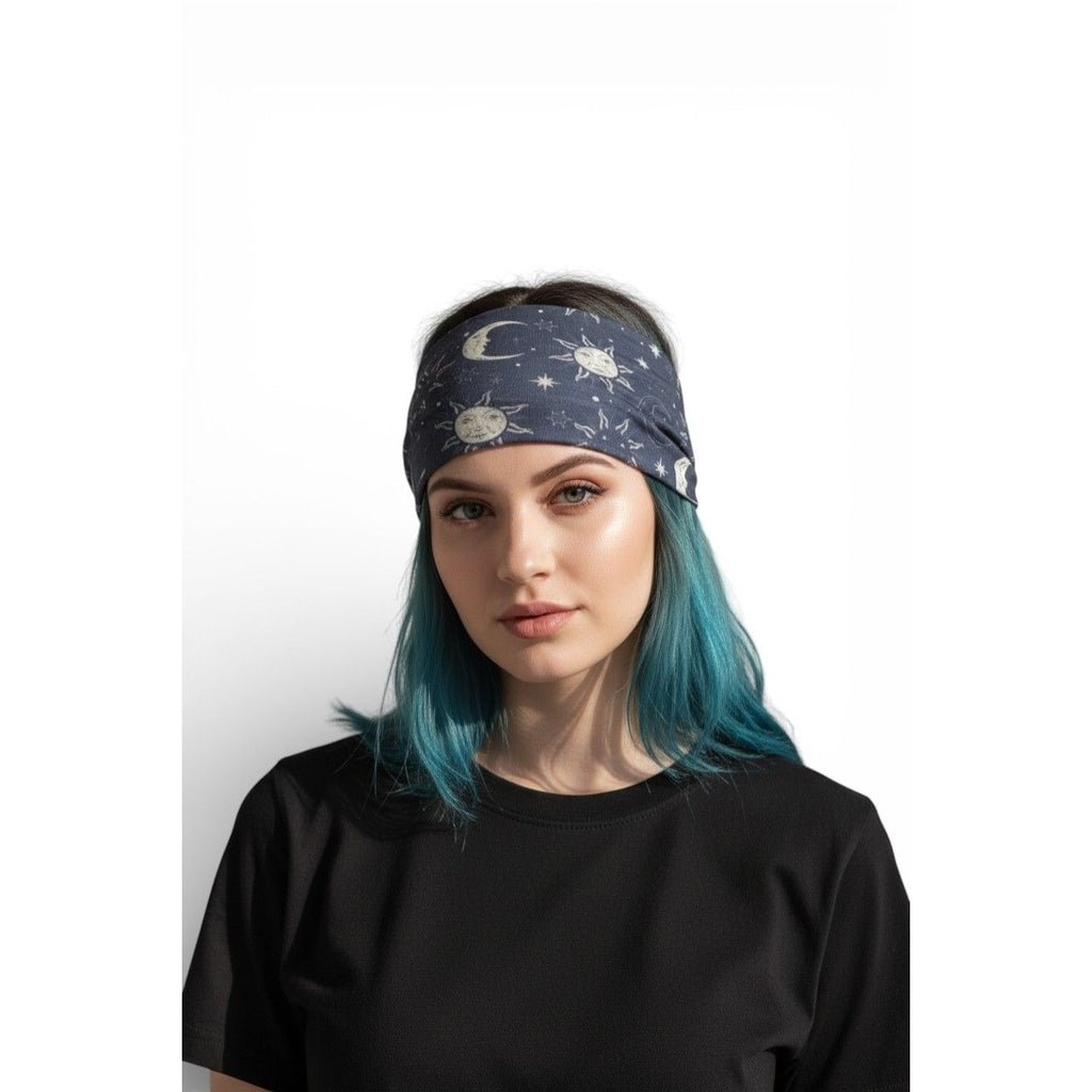 Celestial Moon & Star Print Headband Stretchy Fabric Versatile Styling For Women