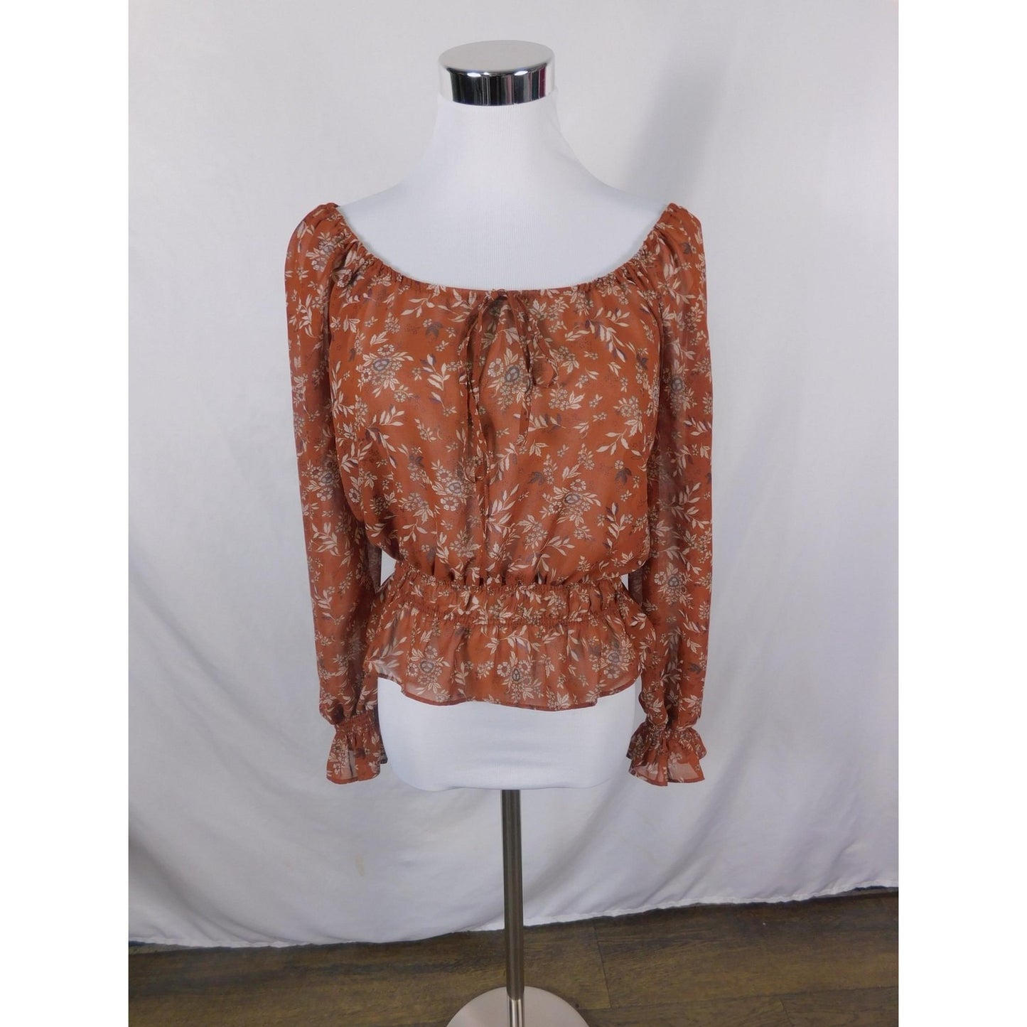 Boho Rust Floral Peasant Peplum Off Shoulder Blouse M