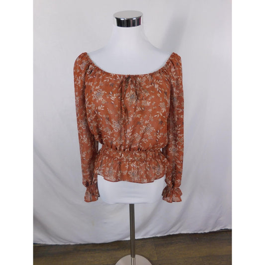 Boho Rust Floral Peasant Peplum Off Shoulder Blouse M