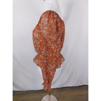 Boho Rust Floral Peasant Peplum Off Shoulder Blouse M