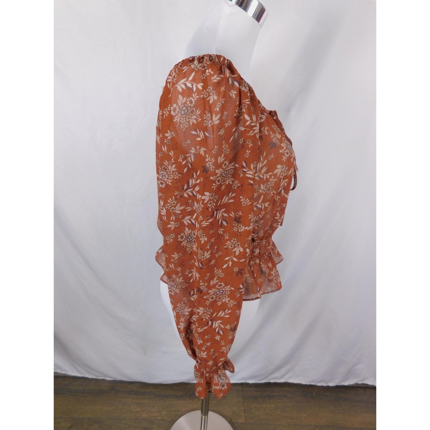 Boho Rust Floral Peasant Peplum Off Shoulder Blouse M