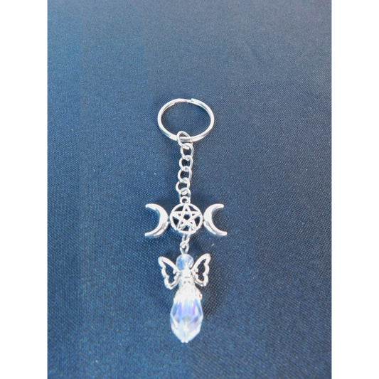 Triple Moon Pentacle Crystal Angel Keychain Pagan Wiccan Goddess Charm Spiritual