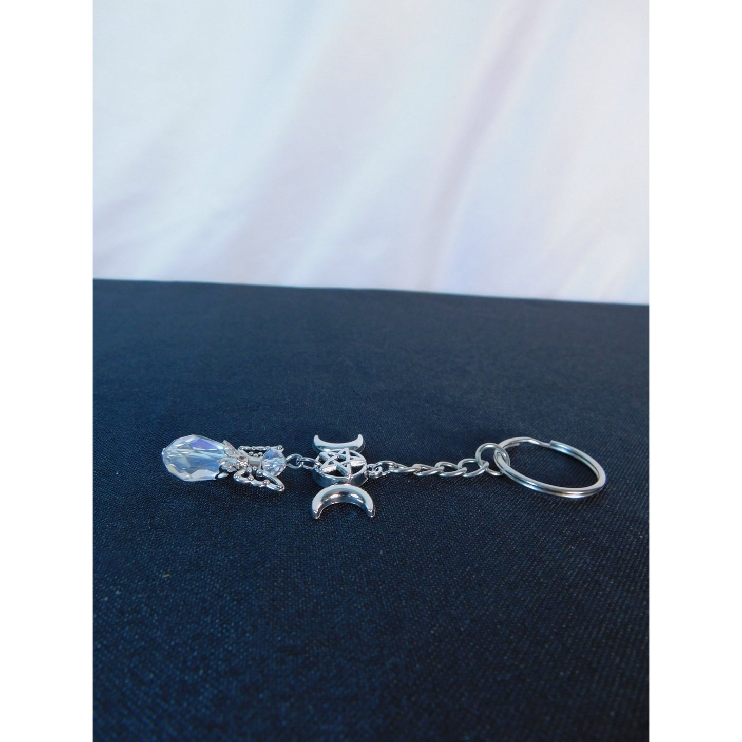 Triple Moon Pentacle Crystal Angel Keychain Pagan Wiccan Goddess Charm Spiritual
