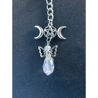 Triple Moon Pentacle Crystal Angel Keychain Pagan Wiccan Goddess Charm Spiritual