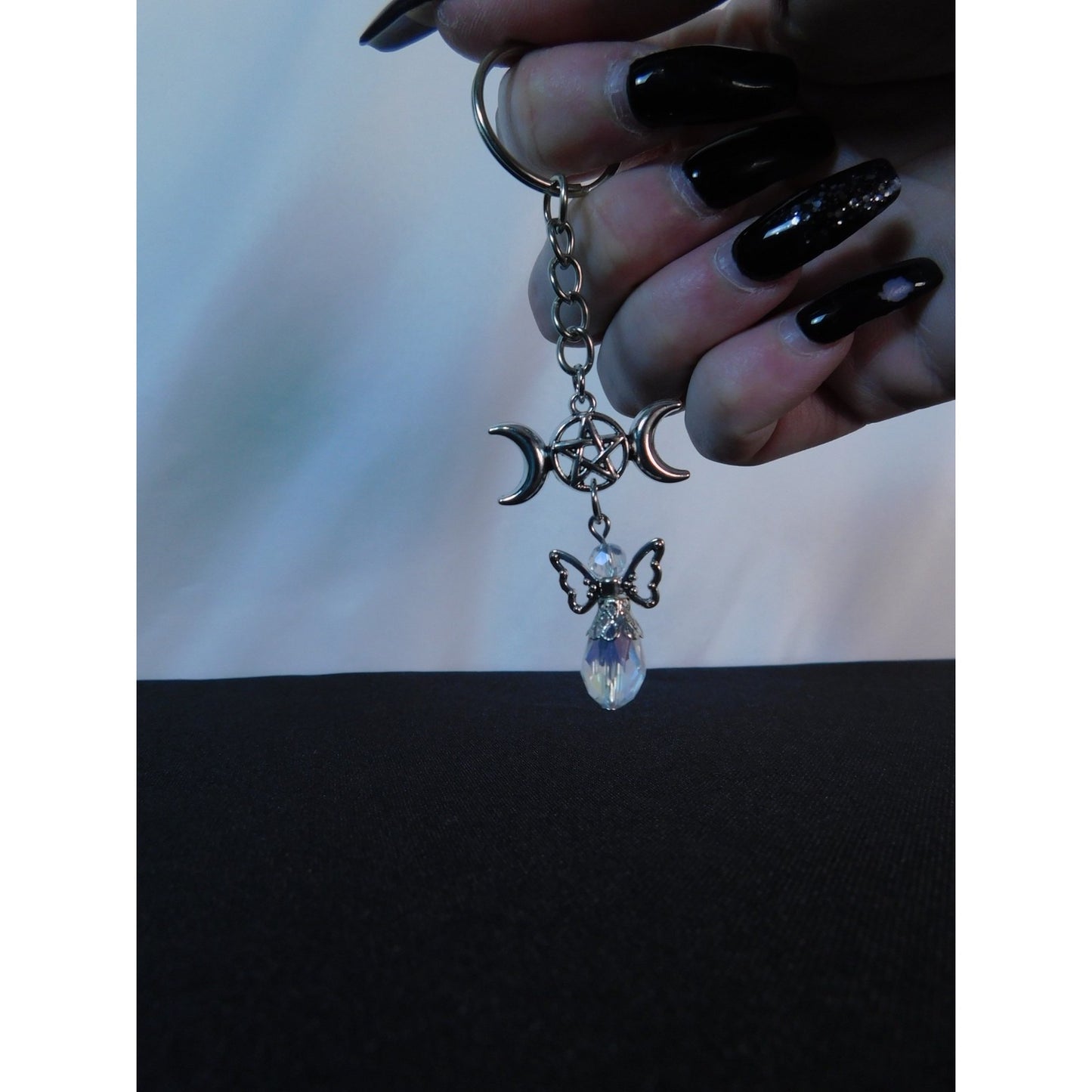 Triple Moon Pentacle Crystal Angel Keychain Pagan Wiccan Goddess Charm Spiritual