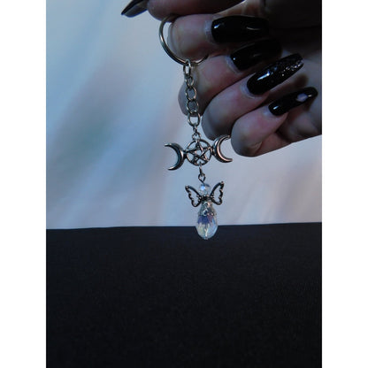 Triple Moon Pentacle Crystal Angel Keychain Pagan Wiccan Goddess Charm Spiritual